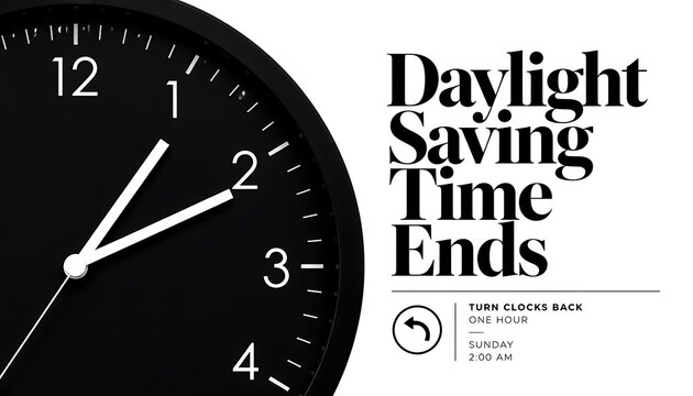 Close up of a black wall clock showing time adjustment for the end of daylight saving next to typography with change turn back monochrome contrast schedule reminder