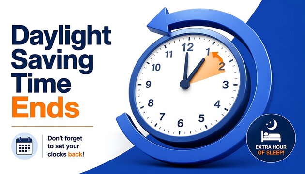 Daylight saving time ends banner featuring a blue clock turning back an hour alarm fall white background schedule announcement reminder calendar template creative business