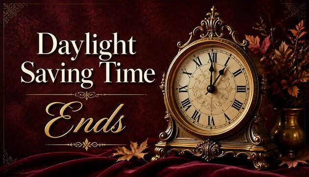 Daylight saving time ends concept featuring an ornate vintage clock on dark red background alarm fall back roman numerals burgundy traditional announcement reminder schedule