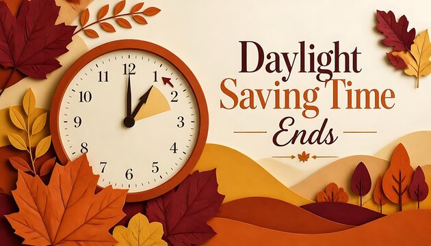 Daylight saving time ends concept with wooden clock surrounded by autumn leaves alarm fall back landscape announcement reminder illustration template creative schedule duration