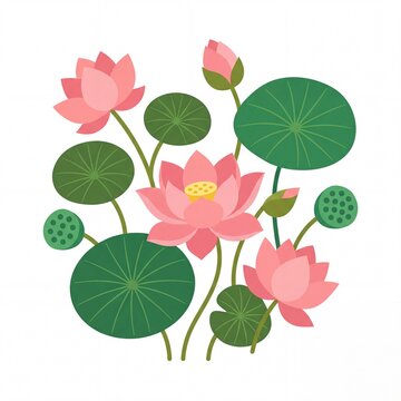Lotus flower vector icon with pink petals and green lily pads
