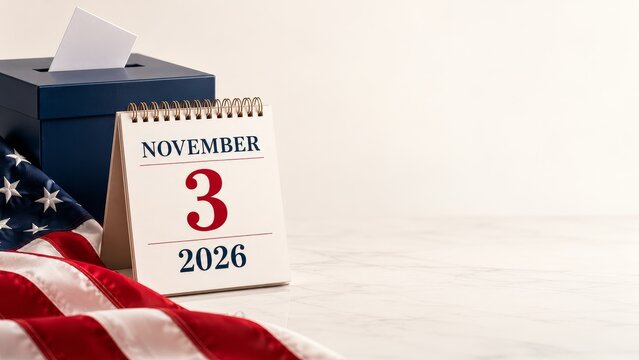 Election Day November 3 2026 Calendar with Blue Ballot Box and Draped American Flag