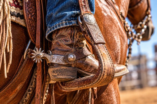 Detailed close-up of a worn leather cowboy boot with an ornate silver spur resting in a western saddle stirrup. Traditional rodeo riding equipment with decorative leather craftsmanship.