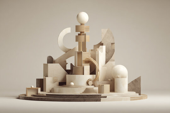 Abstract geometric wooden shapes tower with spheres and cubes