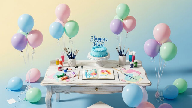 Happy Place birthday celebration flat lay with cake balloons art