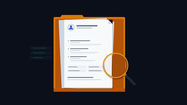 Premium 4K textless vector animation of a floating magnifying glass inspecting abstract resume documents in an archive folder, followed by an emerald approval checkmark stamp