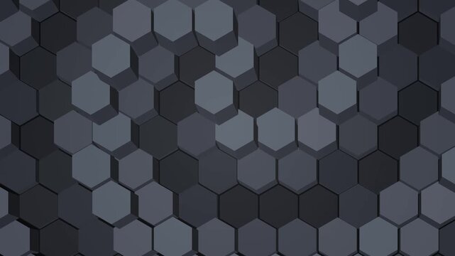 Monochromatic dark grey hexagonal blocks moving rhythmically up and down creating a modern geometric wave pattern background for digital concepts