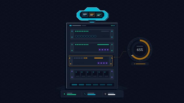 Premium 4K motion design flat vector animation showing an enterprise web hosting data centre server rack, cloud data storage transfer, and automated software system update installation