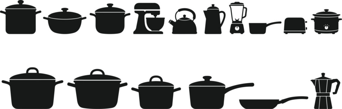 Culinary cooking equipment collection showing saucepans frying pans mixer toaster and coffee maker shapes vector.eps