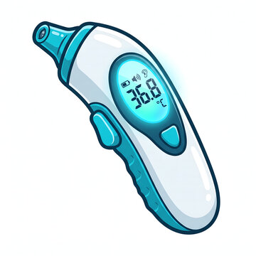Digital medical infrared ear thermometer with backlit LCD display showing body temperature 36.8 celsius vector illustration.