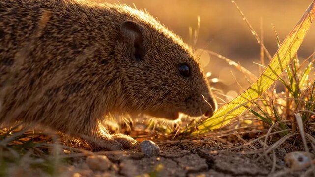 Small shrew sniffing dry ground in warm sunlight