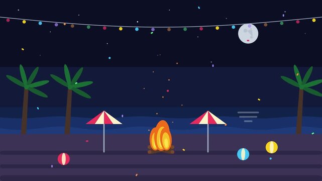 Bright campfire burning on sandy beach at tropical night resort