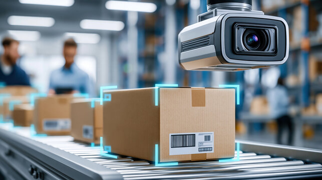 Smart warehouse camera scanning cardboard box on conveyor with barcode detection and workers in background