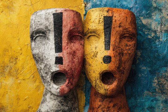 Two painted masks, mouths agape, contrasting colors