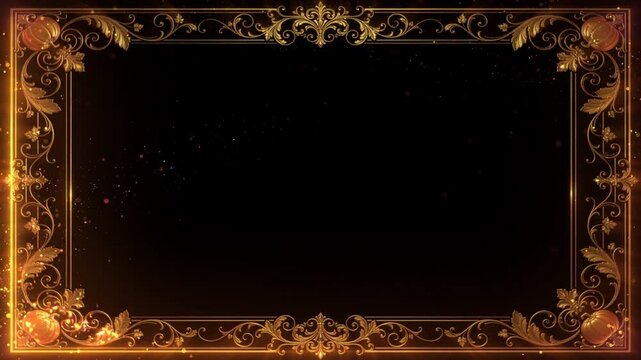 Glowing golden ornate frame with pumpkins and autumn leaves on black background