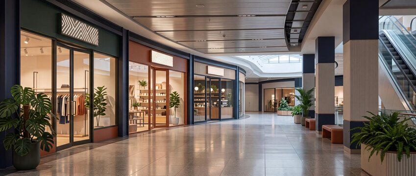 Modern underground shopping mall corridor with retail store fronts. Clean indoor commercial arcade interior with glass showcases, tiled floor and escalator