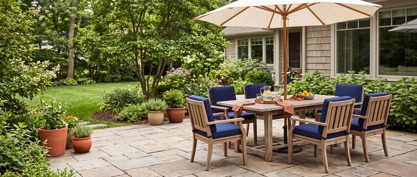 Outdoor wooden dining table and chairs with umbrella on stone patio. Backyard patio furniture set in landscaped garden