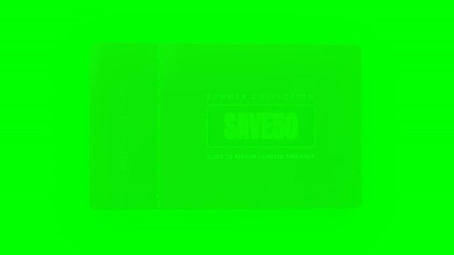 3D Animated Red Summer Collection Coupon Card with SAVE50 Promo Code on Green Screen Background. Premium digital voucher for e-commerce marketing, retail sales, and social media promotions.