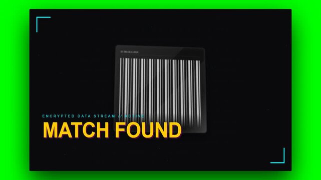 Futuristic cyber barcode scanner interface animation showing scanning process and match found confirmation for digital security and retail tech concepts