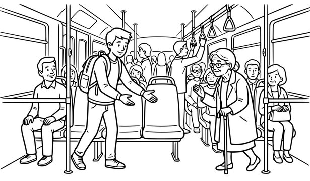 Person Offering Seat to Elderly Woman on Crowded Bus &ndash; Vector Line Art Illustration
