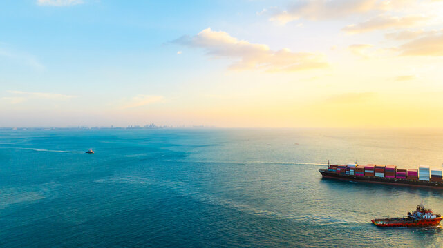 Aerial view of the freight shipping transport system cargo ship container. international transportation Export-import business, logistics, transportation industry concepts	
