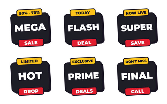 Transparent Sale and discount sticker badge set. Features promotional labels for mega sale, flash deal, and super save. Modern flat tags for retail shopping events, marketing campaigns, and commerce.
