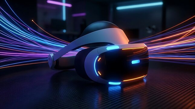 Virtual reality headset with neon light trails.