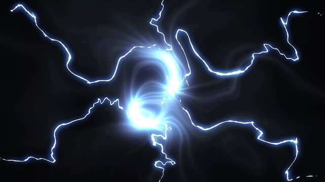 Electric thunder flash FX with lightning bolt, anime power charge, bright spark bursts and dynamic lightning strike transition, cartoon energy effect on black screen, seamless 4k loop effect
