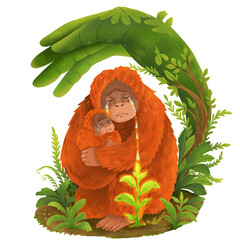 Helping hand protecting crying mother orangutan and baby with growing green sprout forest conservation and reforestation concept illustration © Rusdi Maulana