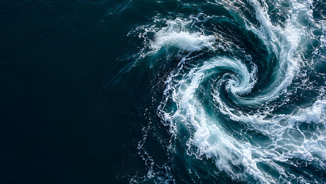 A mesmerizing aerial view of an ocean whirlpool, showcasing the power and beauty of nature's forces in deep blue water.