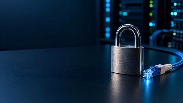 A metallic padlock and ethernet cable on a server desk symbolize cybersecurity, data protection, and secure internet connectivity in modern technology.