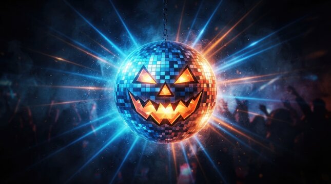 A glowing disco ball with a jack-o'-lantern face hangs suspended against a dark, smoky background.