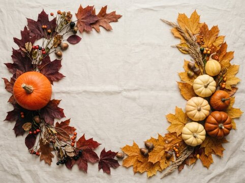 Autumn wreath with leaves and pomegranates