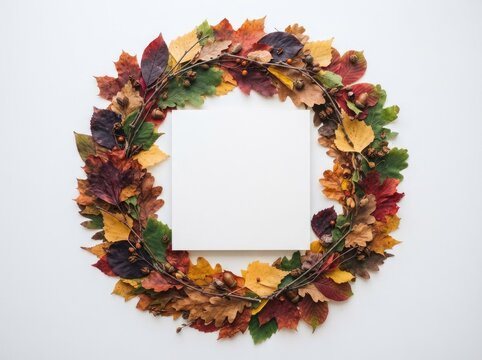 Autumn wreath made of colorful dried leaves