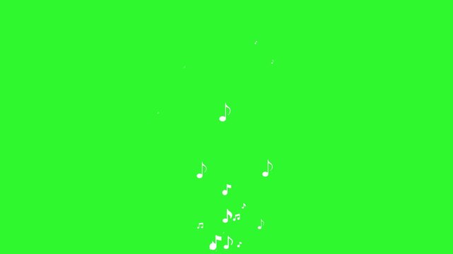 Musical note green screen. White treble clef and flying music symbols with glowing outlines, floating motion and isolated chroma key background. Music overlay, seamless 4k animation.