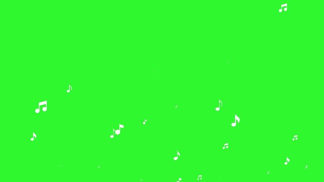 Musical note green screen. White treble clef and flying music symbols with glowing outlines, floating motion and isolated chroma key background. Music overlay, seamless 4k animation.