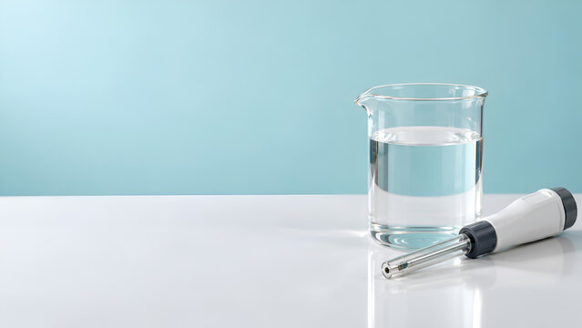 Lab beaker filled with clear liquid and probe on a white table against a blue background, symbolizing scientific research and experimentation.
