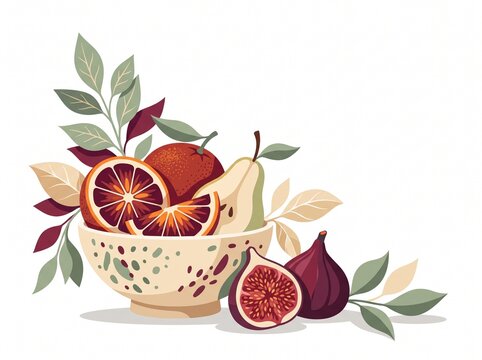 Vector illustration of fruit still life in a bowl with botanical elements