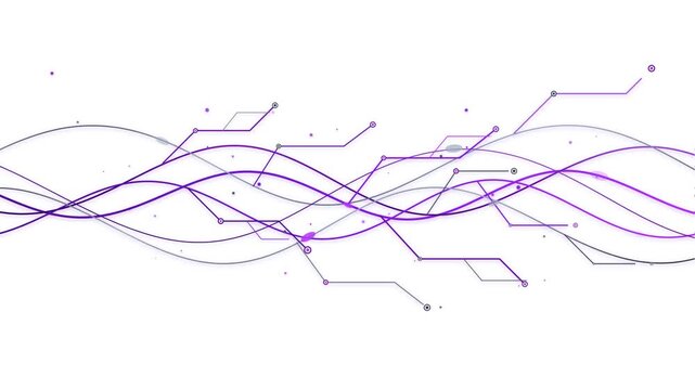 Abstract purple and grey curved lines with connected nodes forming a digital technology network graphic on a white background
