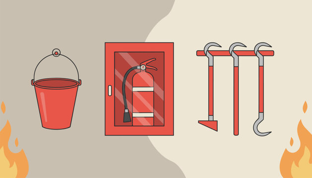 Essential fire safety equipment including a bucket, fire extinguisher in a cabinet, and three fire hooks on a wall rack.