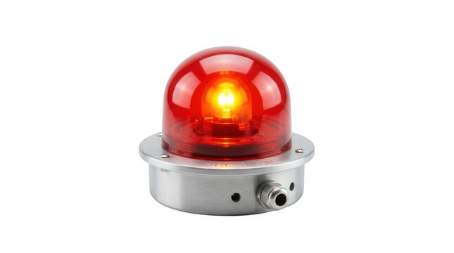 Red warning beacon light with metal base, isolated on transparent background