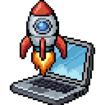 Retro Pixel Art Rocket Launching from a Laptop Computer