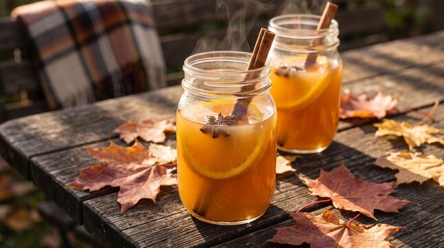 Two steaming glass jars of hot spiced apple cider with orange slices and cinnamon sticks on a rustic outdoor wooden table in autumn