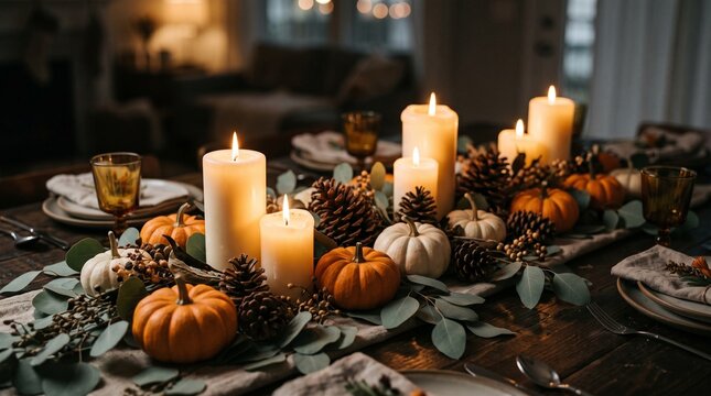 Festive Autumn Harvest Table Centerpiece with Glowing Pillar Candles Surrounded by Miniature Pumpkins and Fresh Eucalyptus Foliage