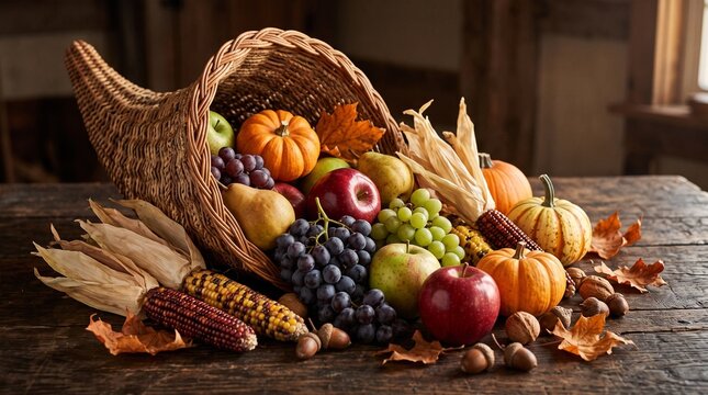 A Rustic Thanksgiving Cornucopia Filled with Fresh Autumn Harvest Fruits Vegetables and Fall Foliage Decorations on Wooden Table