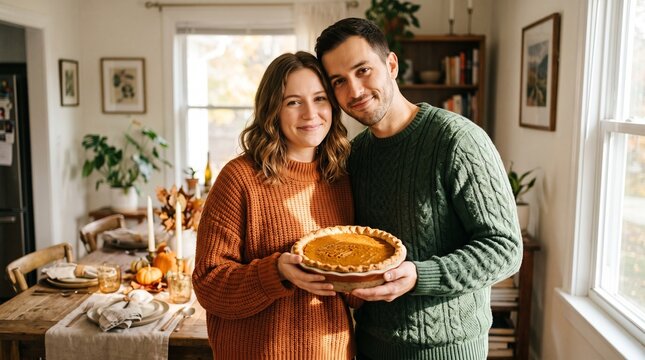 Happy Young Couple Standing Together in Cozy Home Dining Room Holding Freshly Baked Homemade Pumpkin Pie for Thanksgiving Celebration