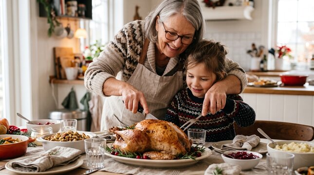 A Heartwarming Scene of a Grandmother and Her Young Grandchild Sharing a Special Festive Holiday Meal Together at Home