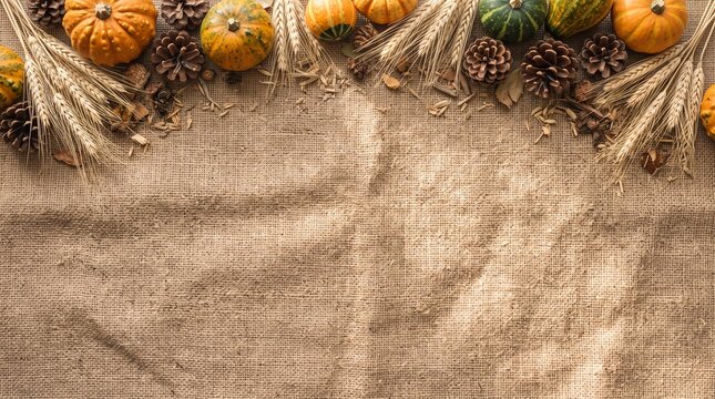 Autumn Harvest Composition Featuring Vibrant Pumpkins Wheat Stalks and Pinecones Arranged Over a Textured Rustic Burlap Background