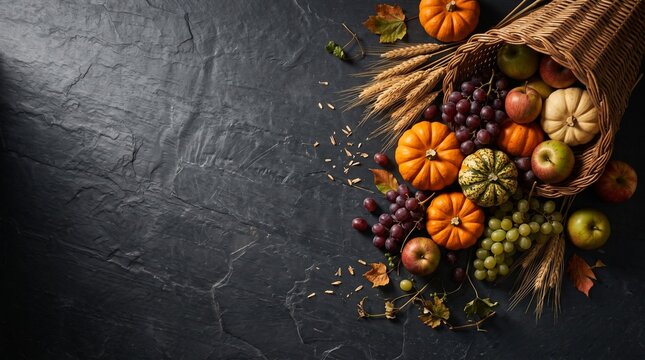 Abundant Thanksgiving Harvest Cornucopia Featuring Assorted Autumnal Fruits Vegetables And Golden Wheat Spilling Over A Textured Dark Slate Surface For A Seasonal Holiday Background