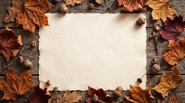 Blank Parchment Paper Surrounded by Rustic Autumn Maple Leaves and Acorns on a Weathered Wooden Surface for Seasonal Invitations
